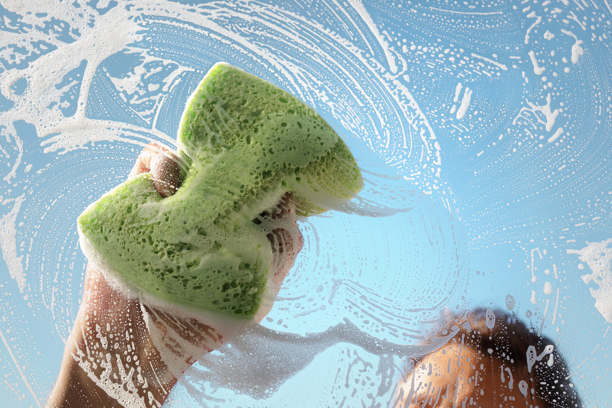 Window cleaner using a sponge to wash a window