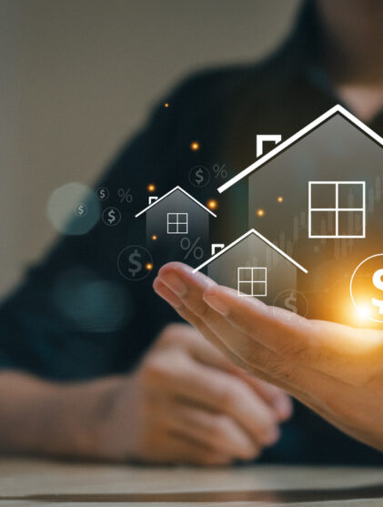 Real estate concept business, home insurance and real estate protection. Real estate investment concept. Buy and sell houses and real estate online on a virtual screen.