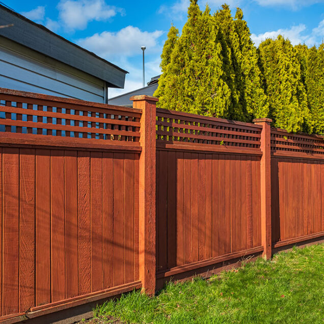 Nice new wooden fence around house. Wooden fence with green lawn. Street photo, nobody, selective focus