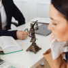 attorney and client with Lady Justice in the middle
