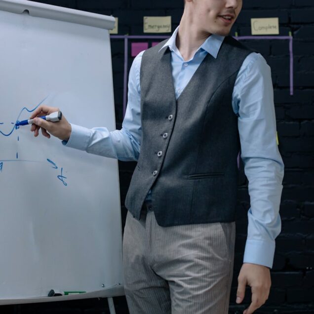 man in gret vest standing next to a whiteboard
