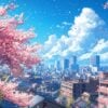 cherry blossoms and a city skyline