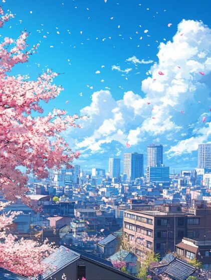 cherry blossoms and a city skyline