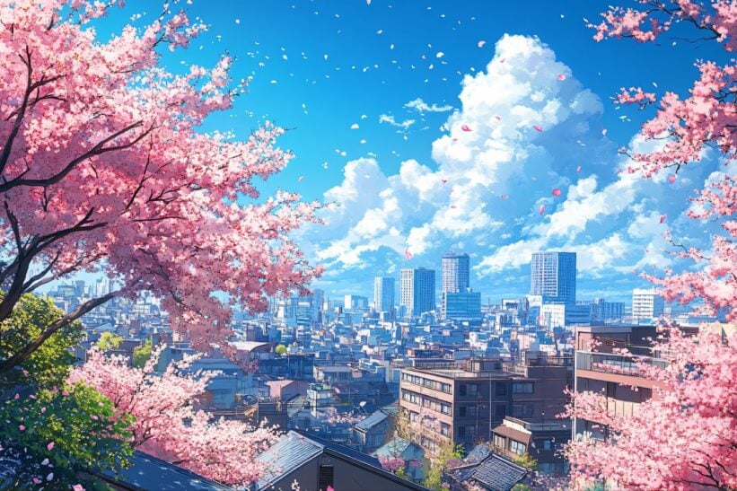 cherry blossoms and a city skyline