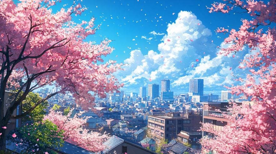 cherry blossoms and a city skyline