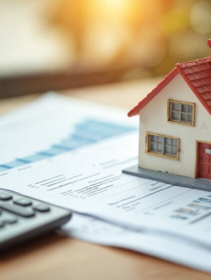 miniature house on top of paper and next to a calculator