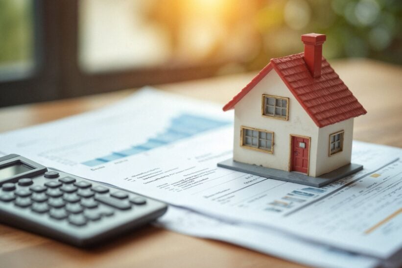 miniature house on top of paper and next to a calculator
