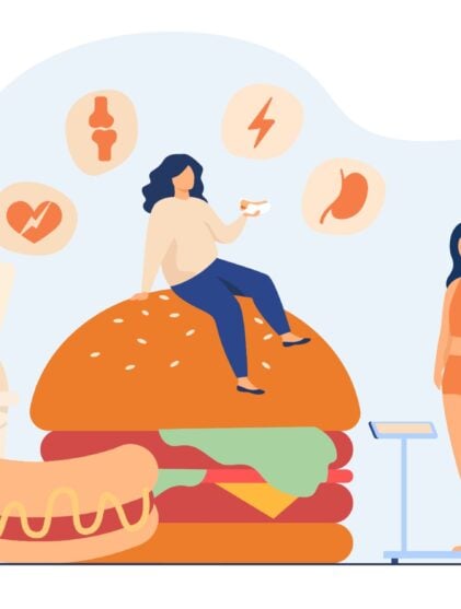 graphic of women, food, and weighing scale