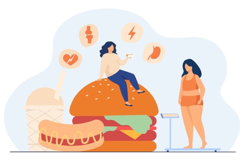 graphic of women, food, and weighing scale